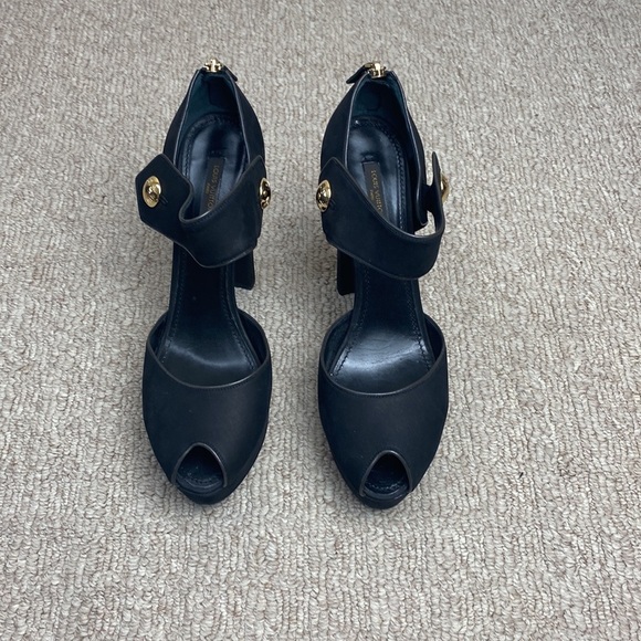 Louis Vuitton Nubuck Gold Button D’Orsay Platform Peeptoe Block Heel Sandal 41 - Picture 6 of 13